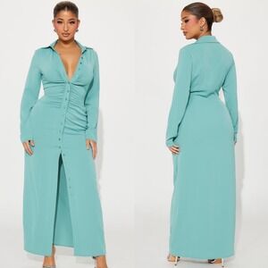 Fashion Nova Teal Ruched Button Front Maxi Shirt Dress Long Sleeve Collar